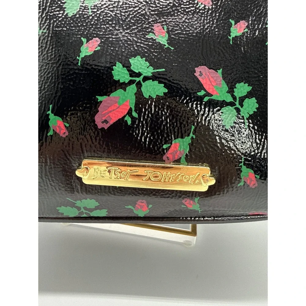 Betsey Johnson Satchel Womens Small Black Excellent Rose Print Bow Patent Bag